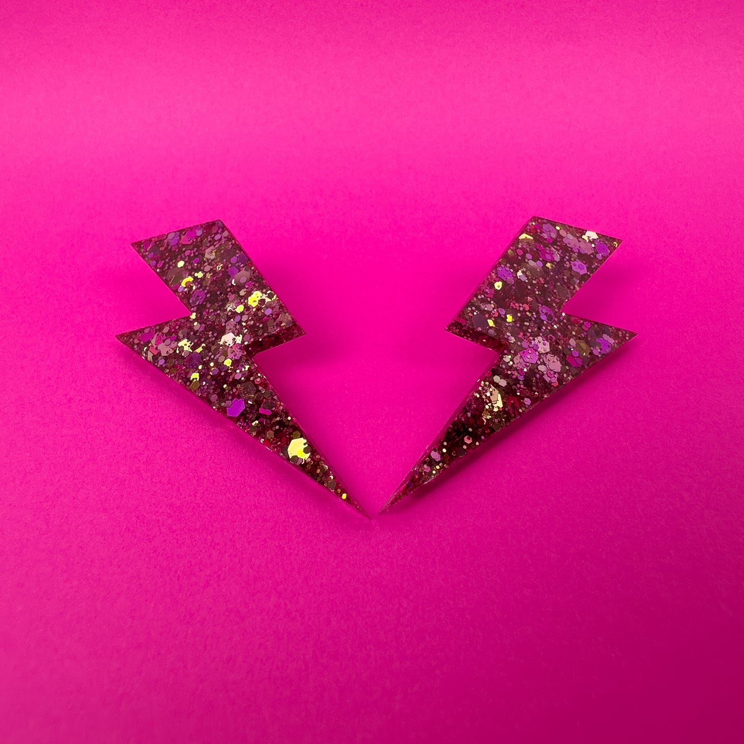 Large Iredescent Pink + Gold Glitter Lightning Bolt Earrings