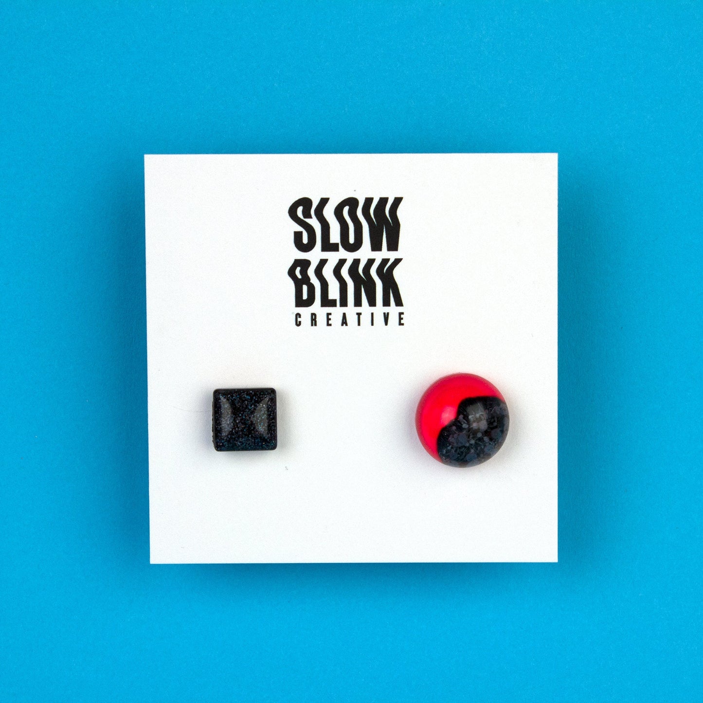 Mismatched Earrings / Neon Pink Inked Circle + Black Square