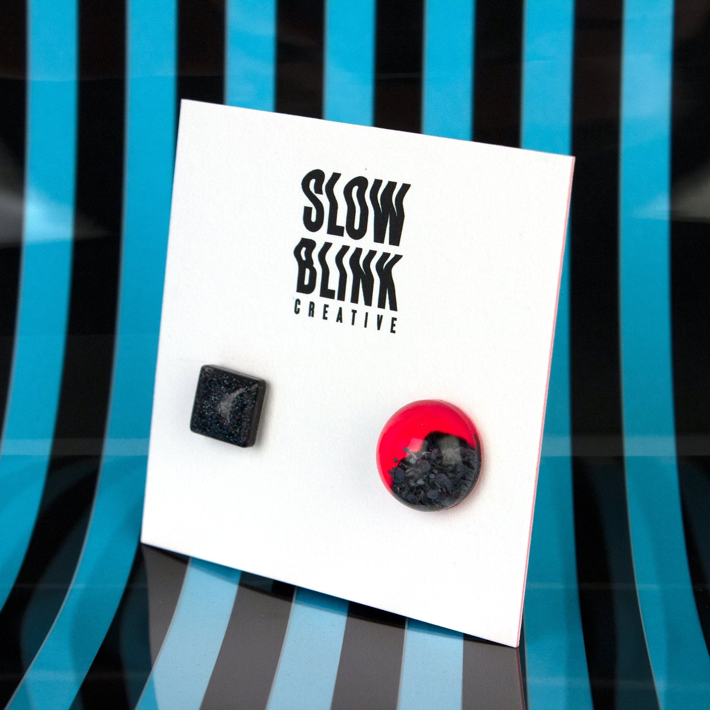Mismatched Earrings / Neon Pink Inked Circle + Black Square