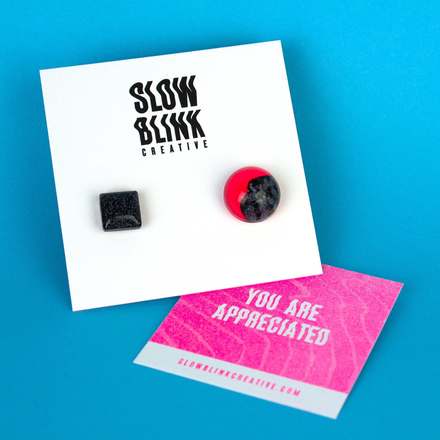 Mismatched Earrings / Neon Pink Inked Circle + Black Square