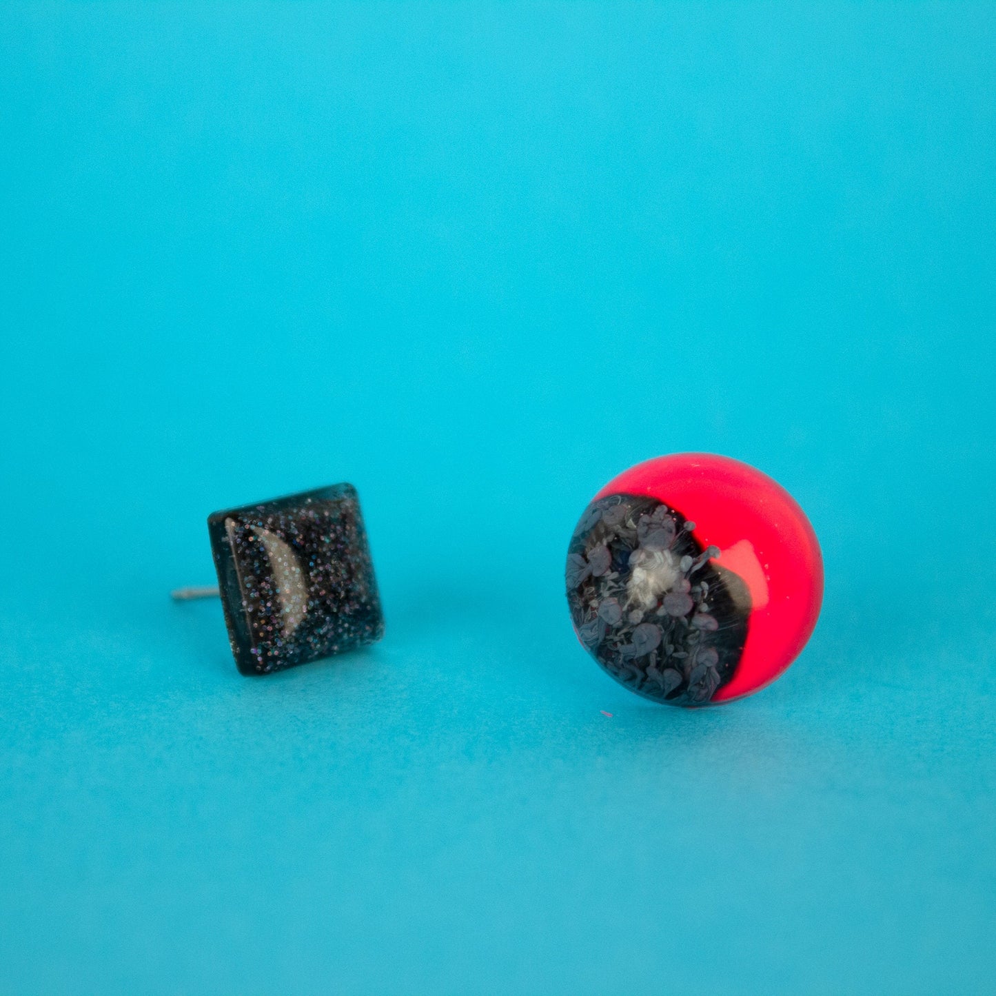 Mismatched Earrings / Neon Pink Inked Circle + Black Square