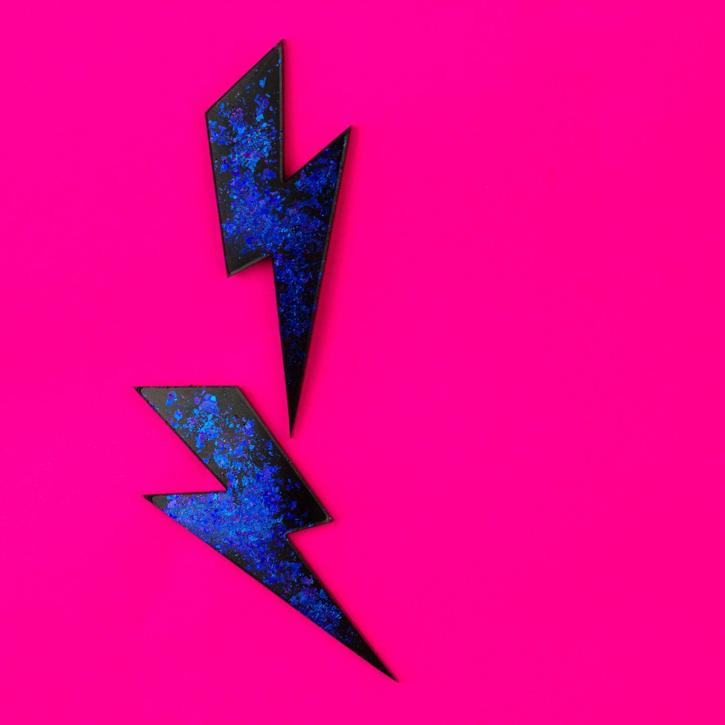 Large Lightning Bolt Earrings / Black + Iridescent Blue