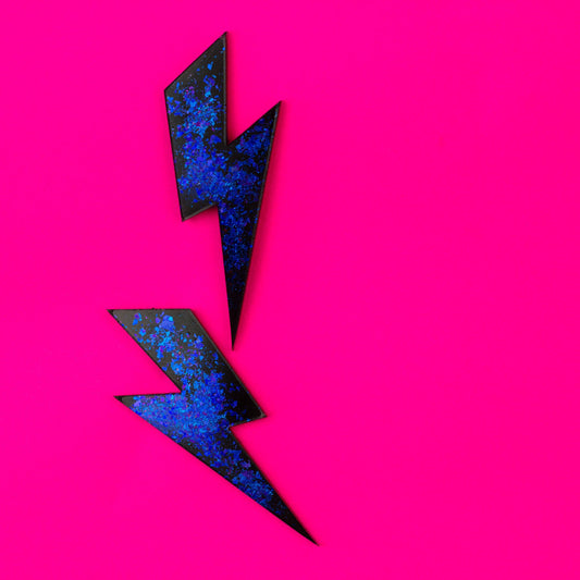 Large Lightning Bolt Earrings / Black + Iridescent Blue