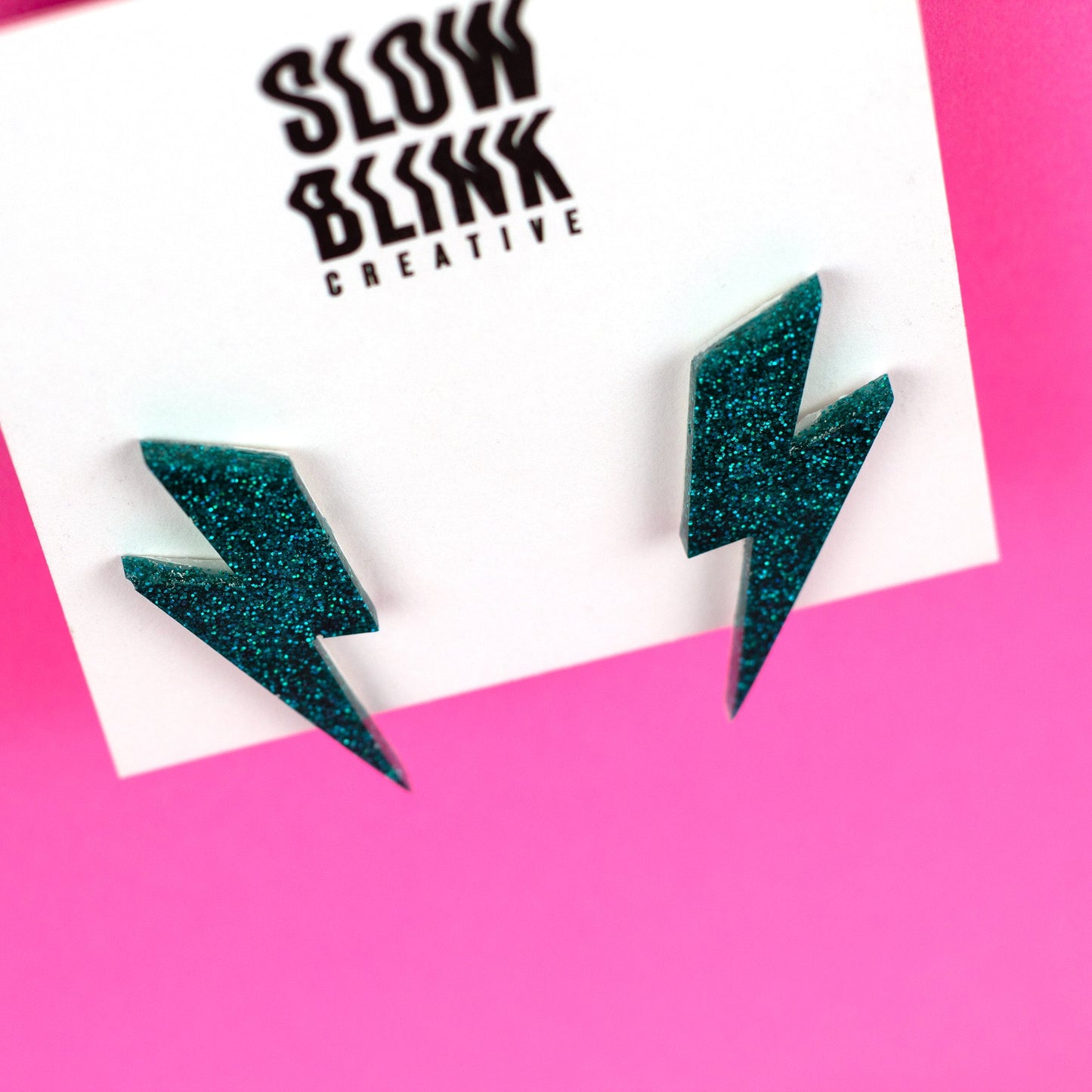Medium Teal Glitter Lightning Bolt Earrings