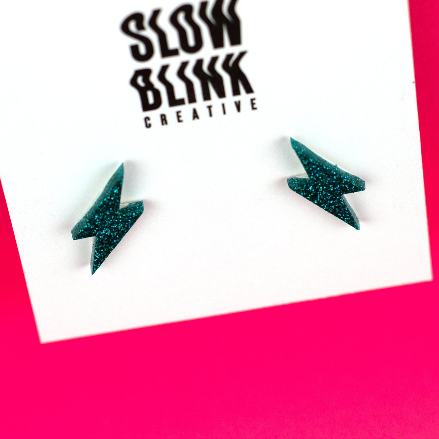 Small Teal Blue Glitter Lightning Bolt Earrings