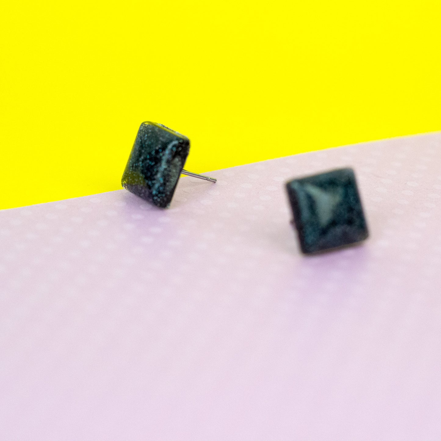 Small Square Black Earrings With Subtle Holographic Glitter