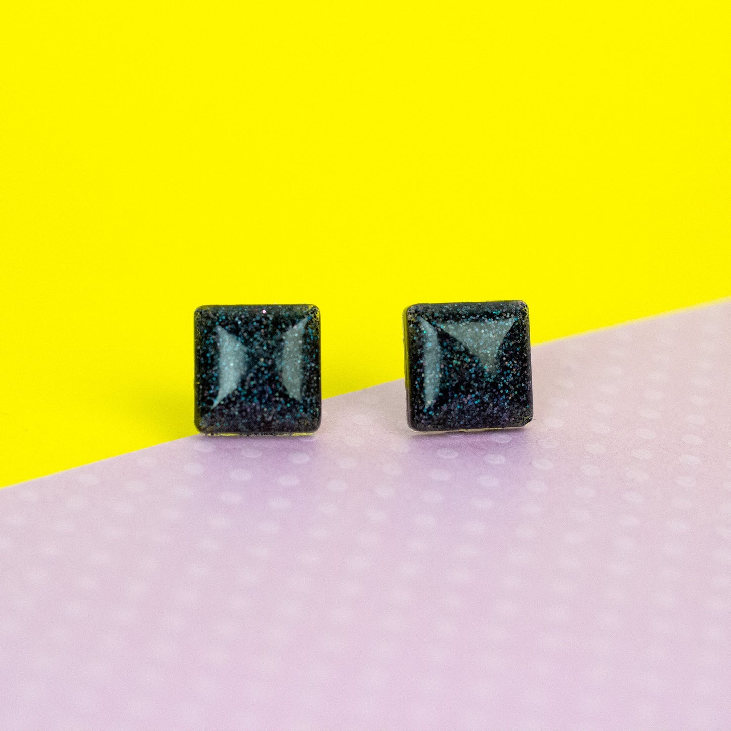 Small Square Black Earrings With Subtle Holographic Glitter
