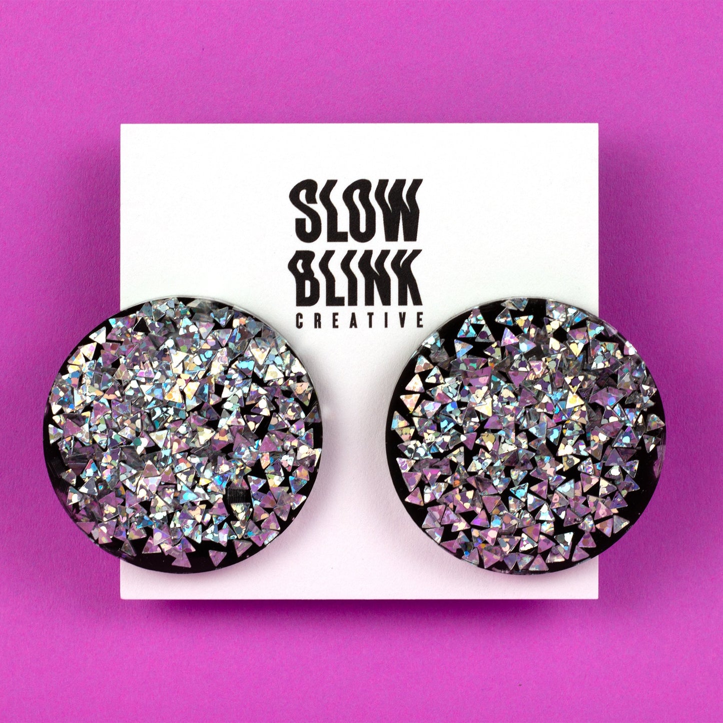 Holographic Maximalist Disc Earrings / Silver + Black