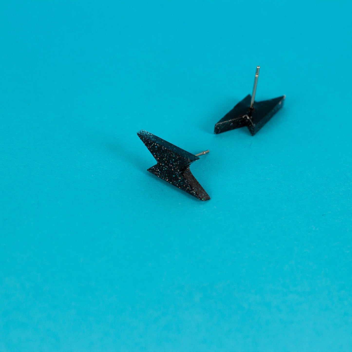 Small Black Holographic Glitter Lightning Bolt Earrings