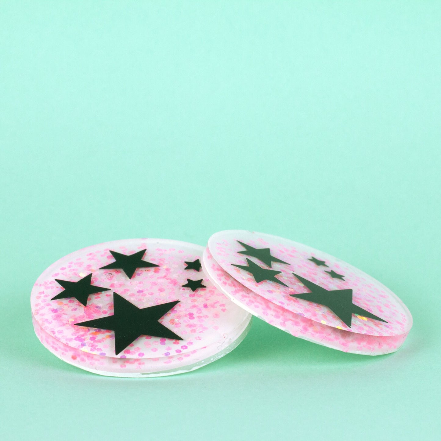 Black Stars + Iridescent Pink Glitter Kidcore Disc Earrings