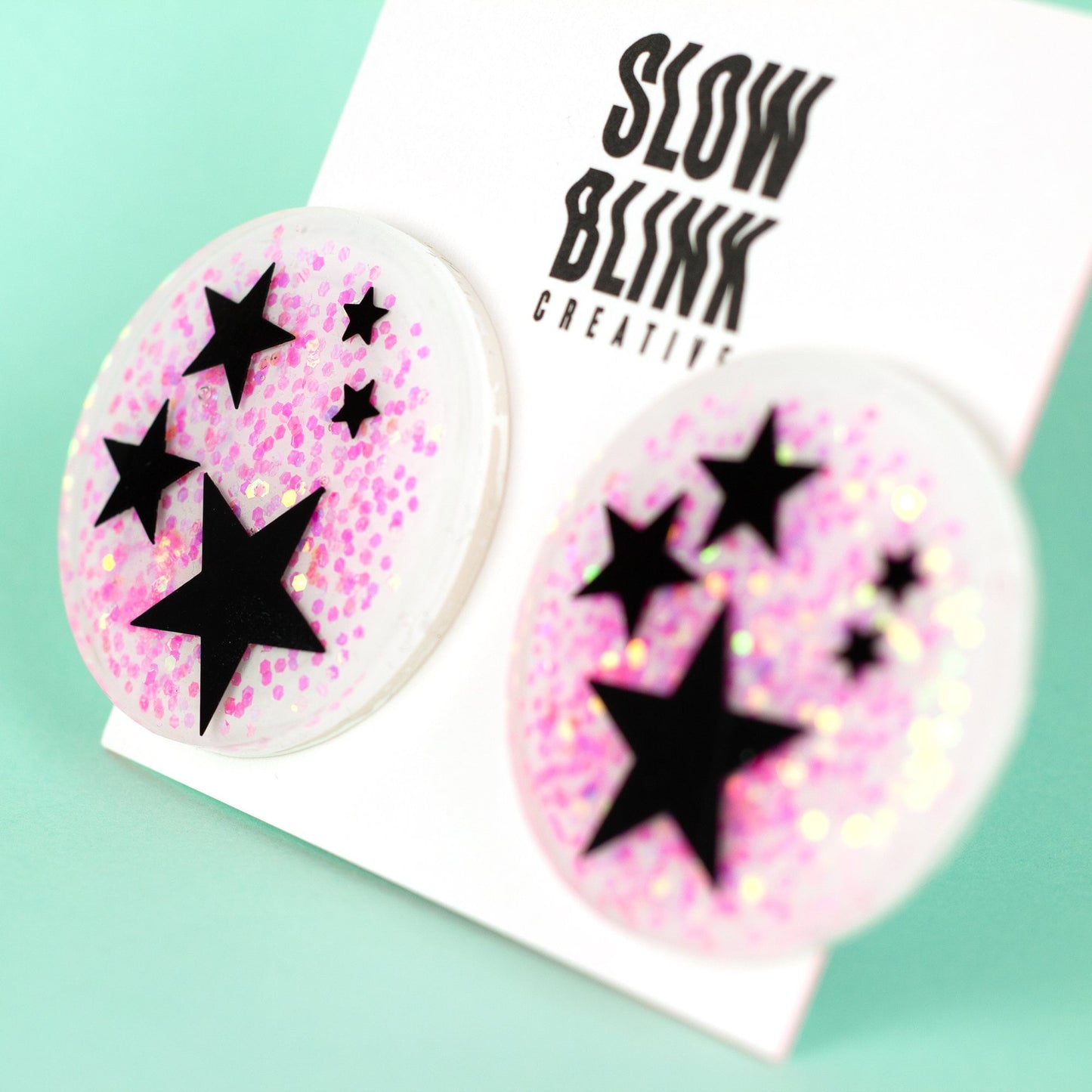Black Stars + Iridescent Pink Glitter Kidcore Disc Earrings