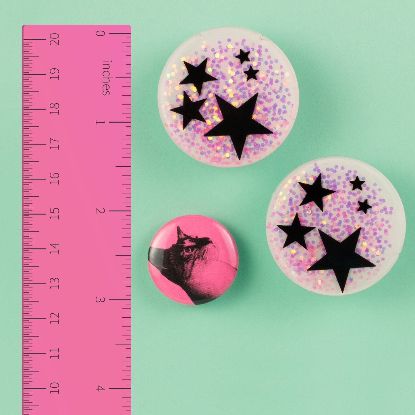 Black Stars + Iridescent Pink Glitter Kidcore Disc Earrings
