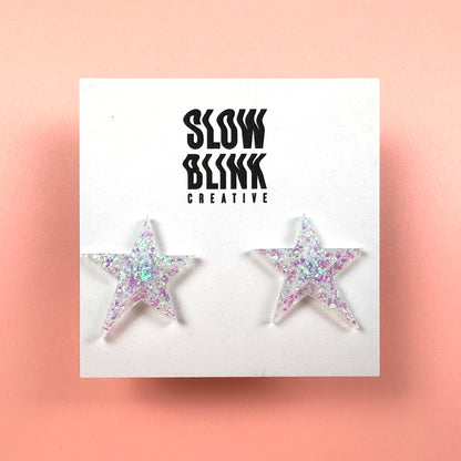 White Iridescent Large Star Earrings