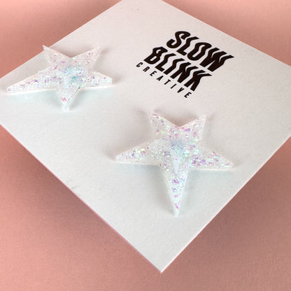 White Iridescent Large Star Earrings