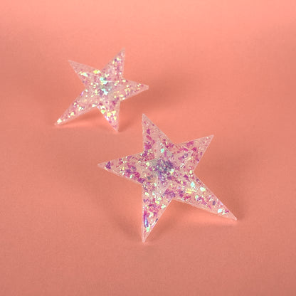 White Iridescent Large Star Earrings