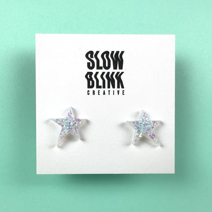 White Iridescent Small Star Earrings