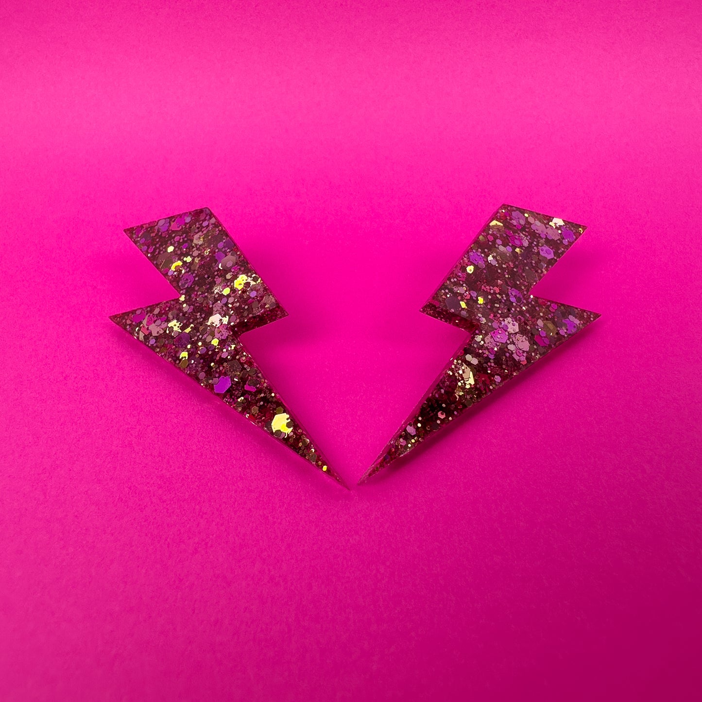 Large Iredescent Pink + Gold Glitter Lightning Bolt Earrings