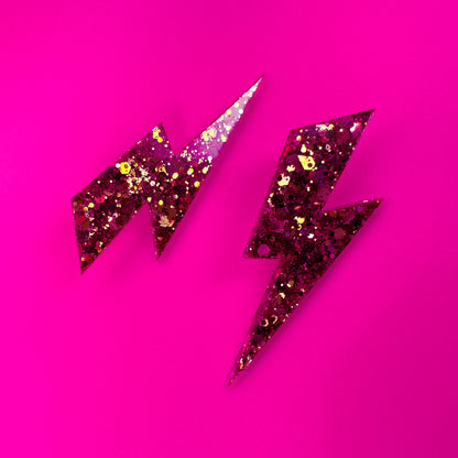 Large Iredescent Pink + Gold Glitter Lightning Bolt Earrings