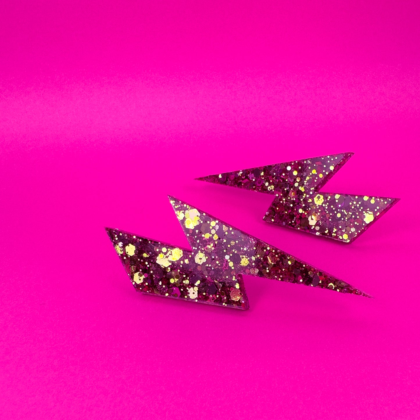 Large Iredescent Pink + Gold Glitter Lightning Bolt Earrings