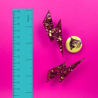 Large Iredescent Pink + Gold Glitter Lightning Bolt Earrings