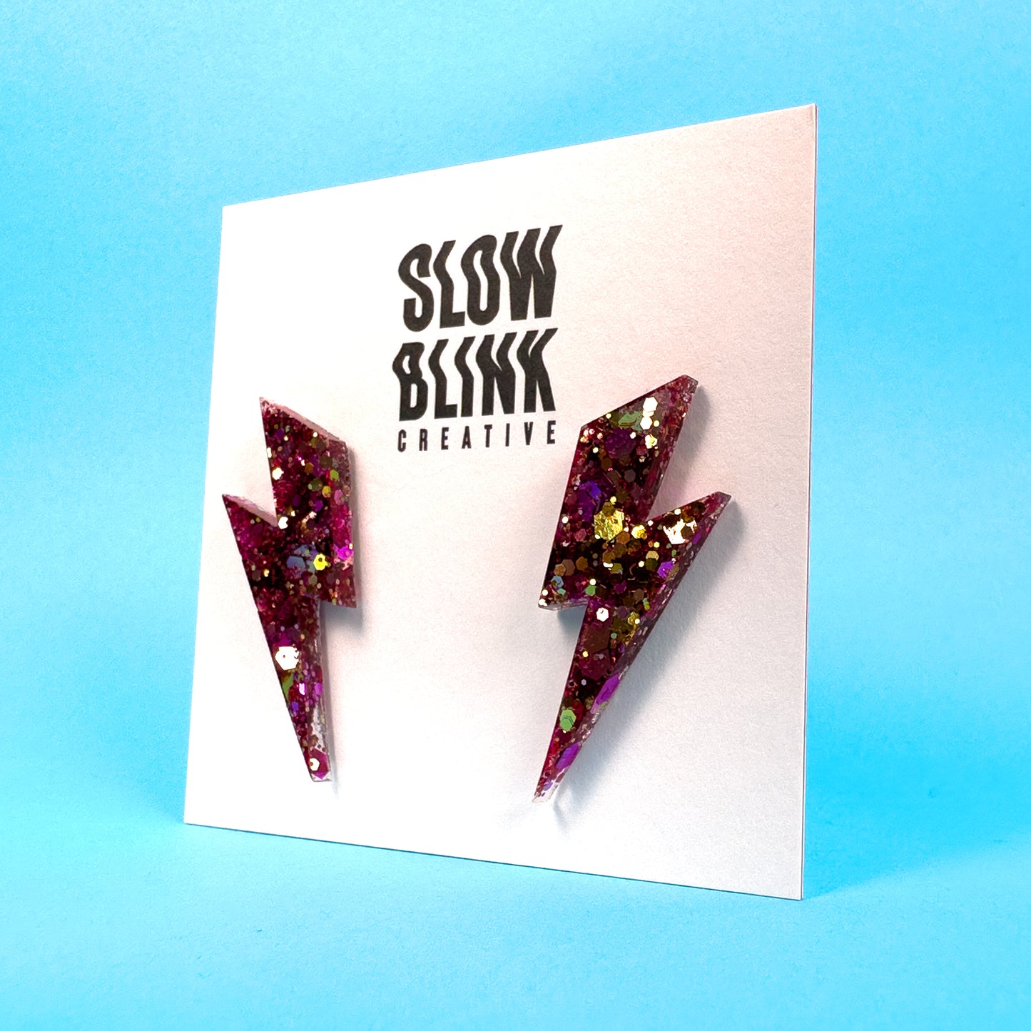 Medium Iridescent Pink & Gold Glitter Lightning Bolt Earrings