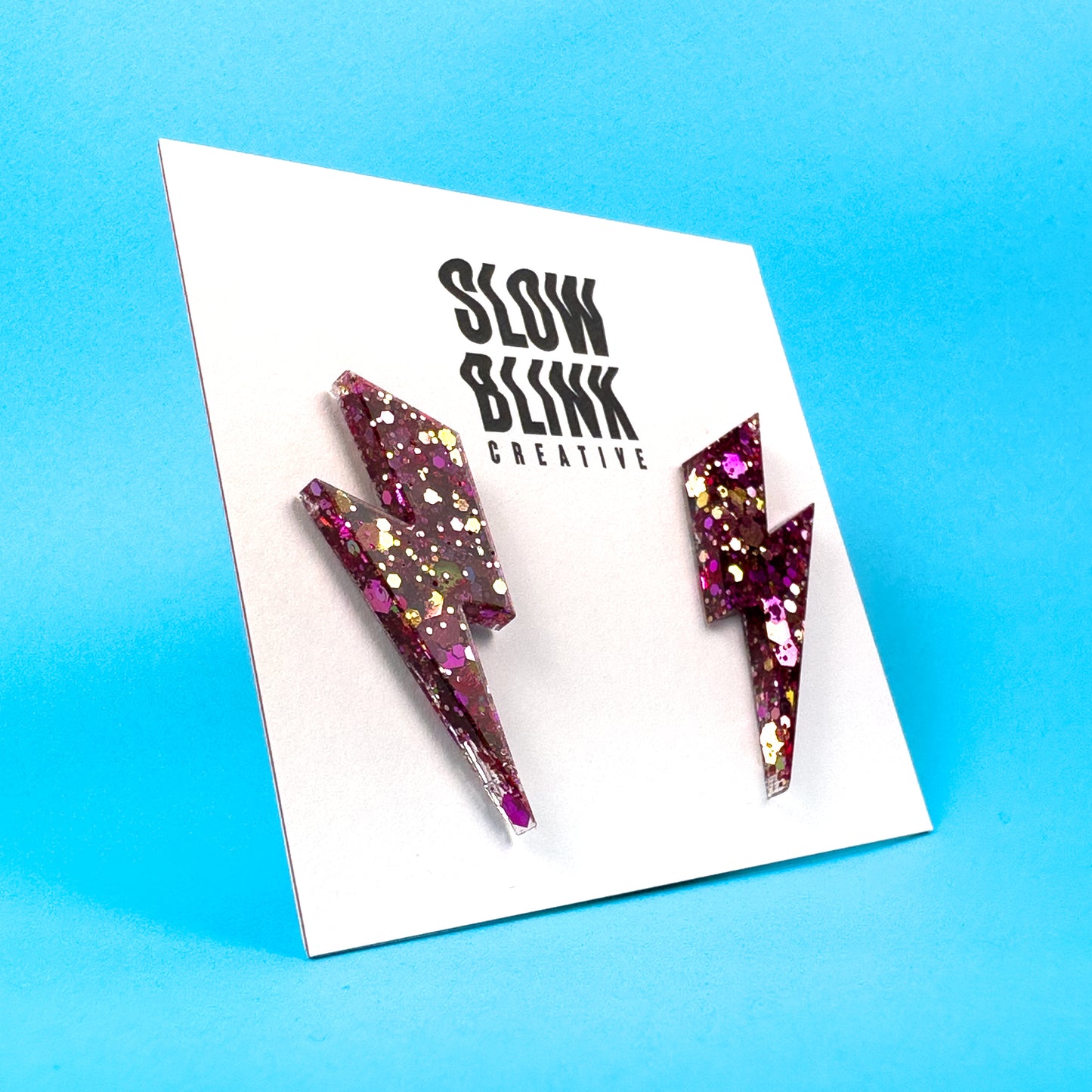 Medium Iridescent Pink & Gold Glitter Lightning Bolt Earrings