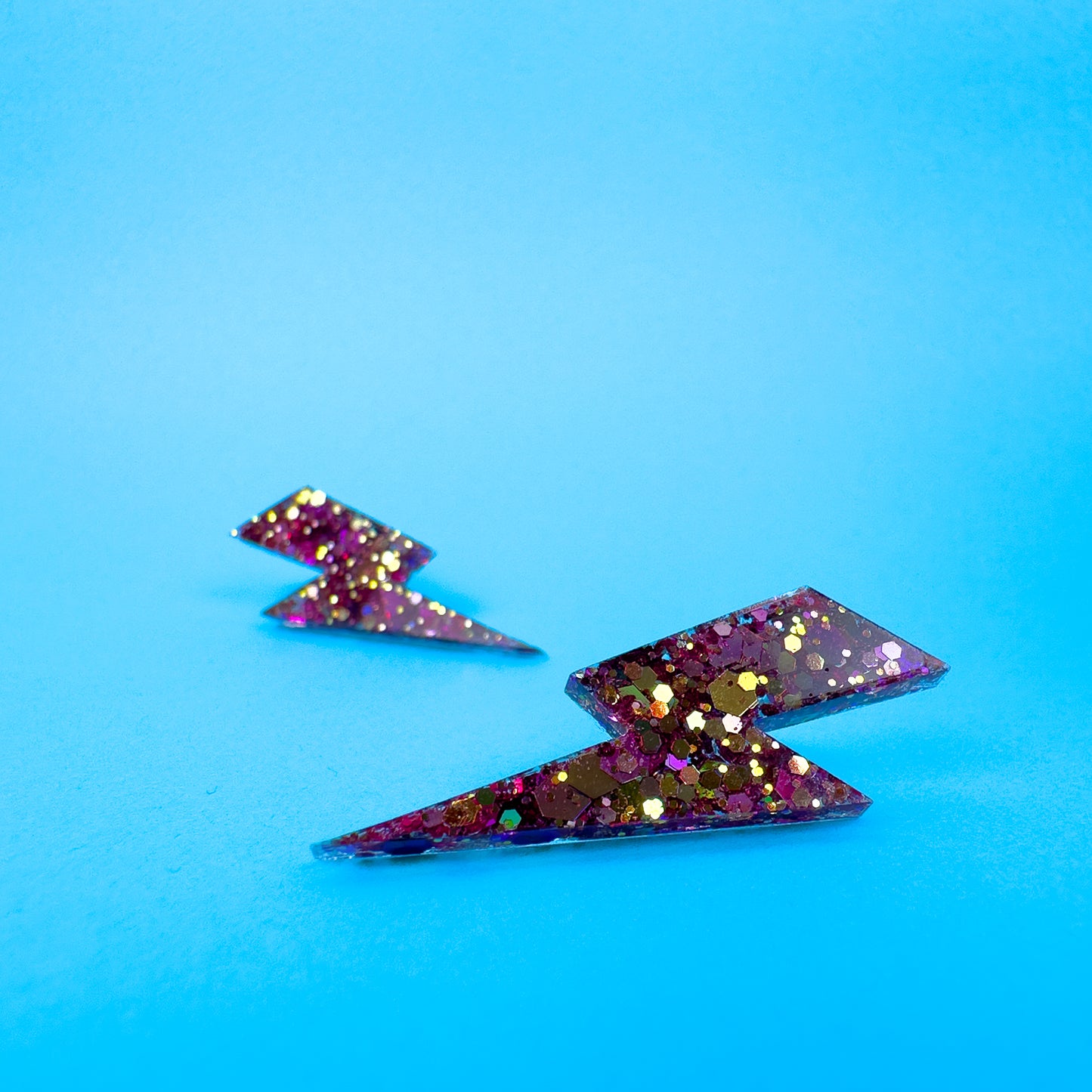 Medium Iridescent Pink & Gold Glitter Lightning Bolt Earrings