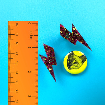 Medium Iridescent Pink & Gold Glitter Lightning Bolt Earrings