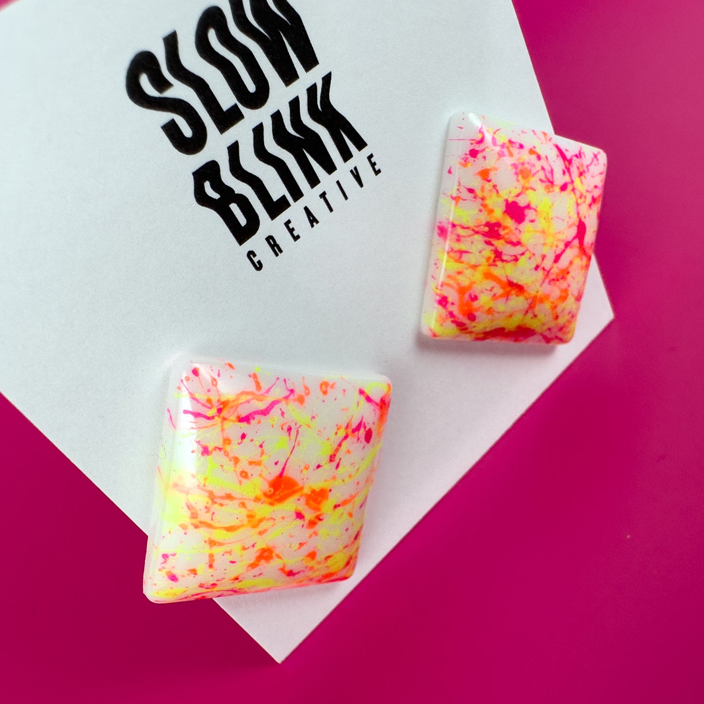 Square Neon Pink, Yellow + Orange Splatter Earrings