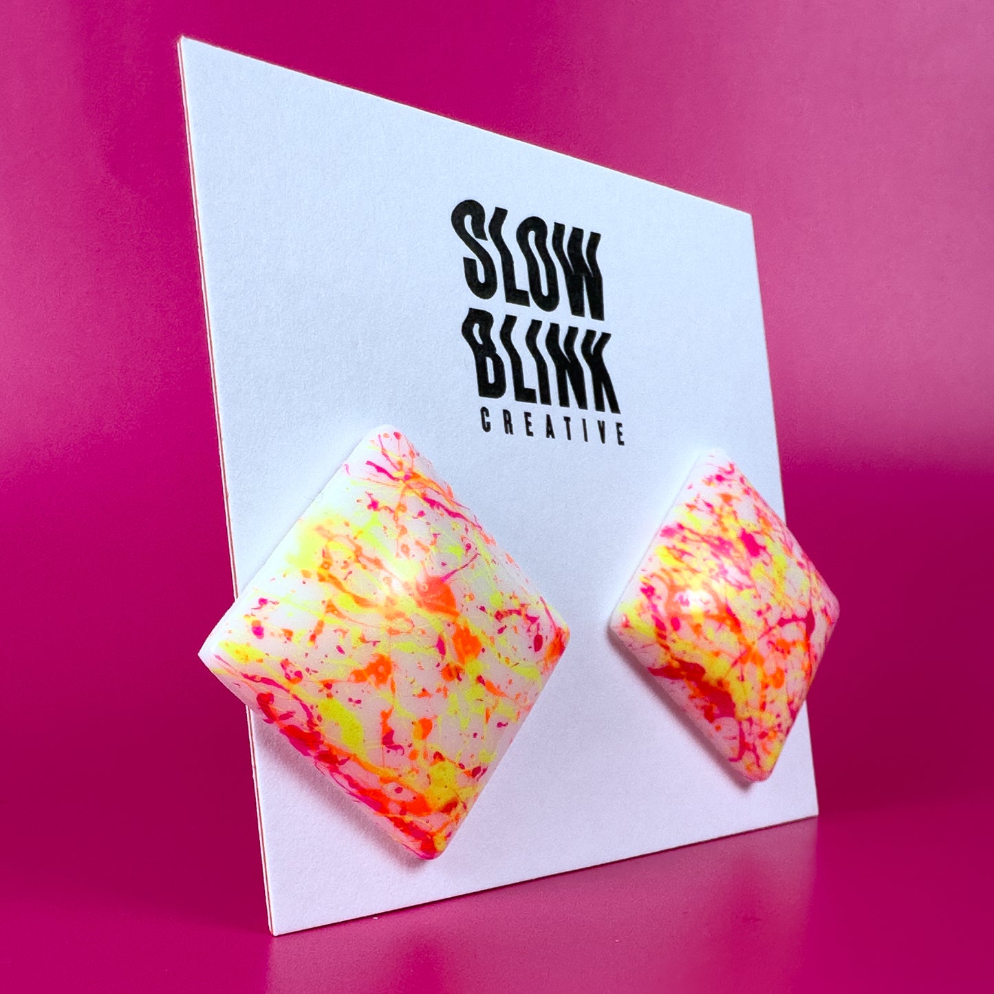 Square Neon Pink, Yellow + Orange Splatter Earrings