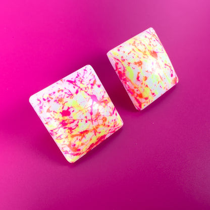 Square Neon Pink, Yellow + Orange Splatter Earrings