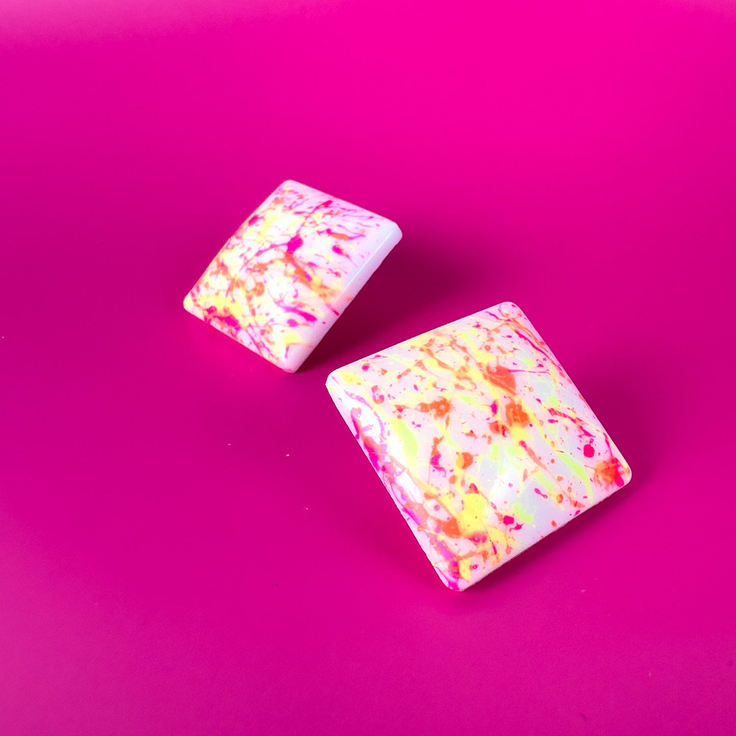 Square Neon Pink, Yellow + Orange Splatter Earrings