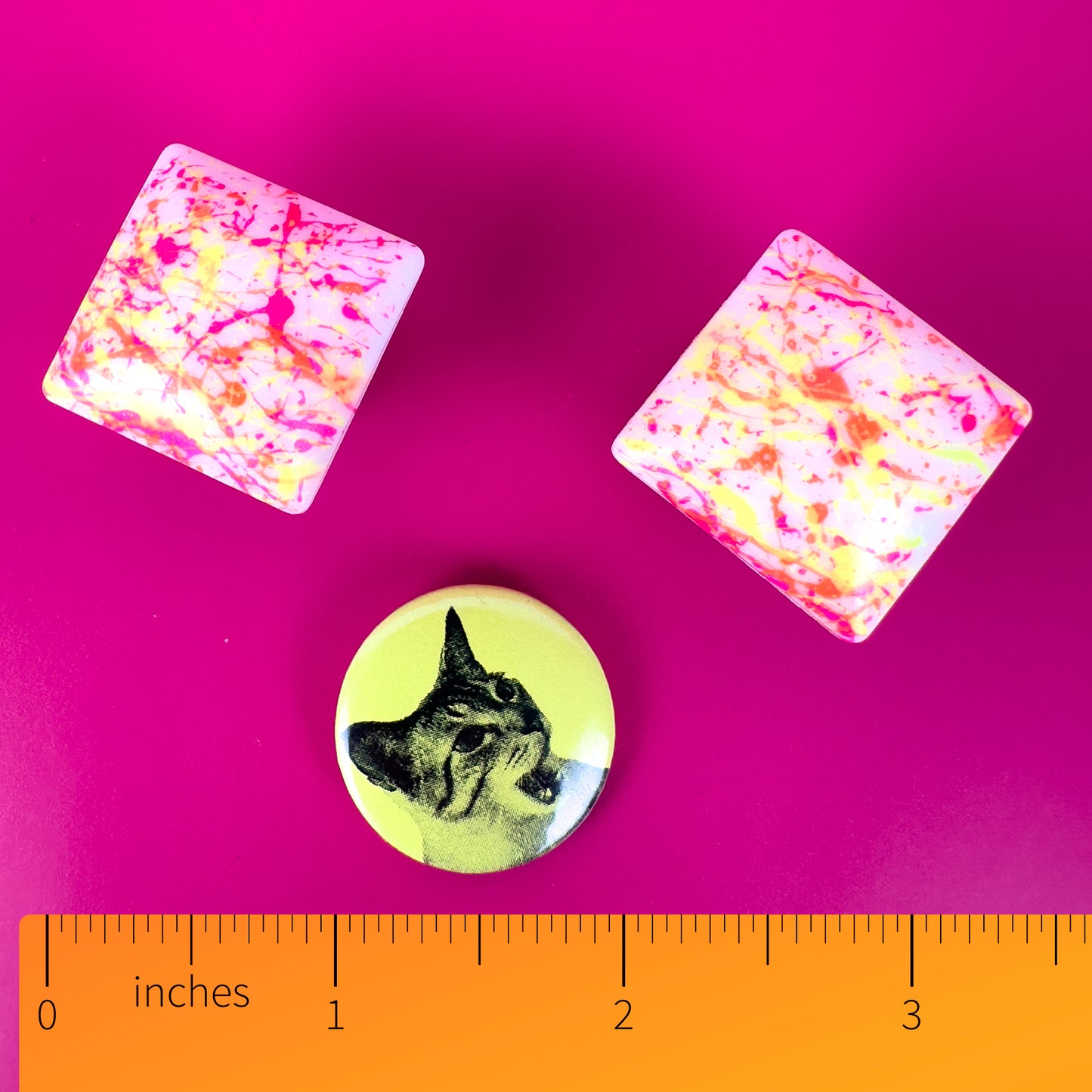 Square Neon Pink, Yellow + Orange Splatter Earrings