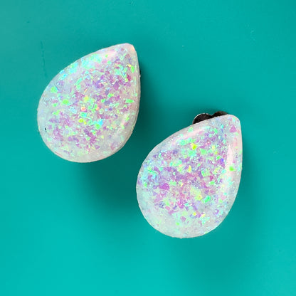 Iridescent White Glitter Clip On Stud Earrings