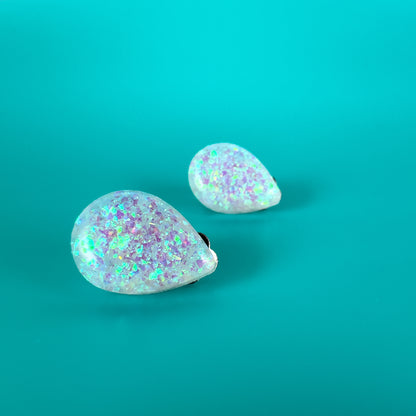 Iridescent White Glitter Clip On Stud Earrings