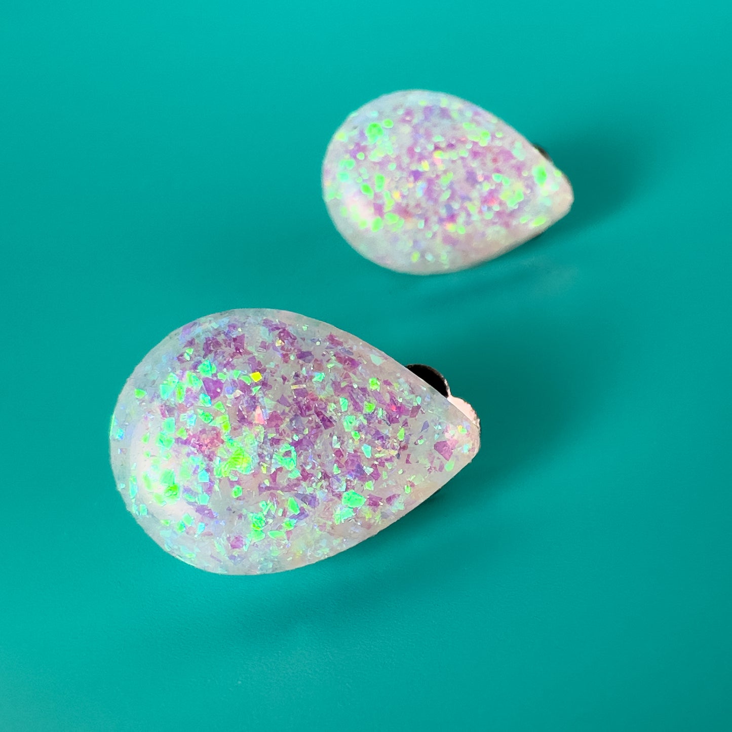 Iridescent White Glitter Clip On Stud Earrings