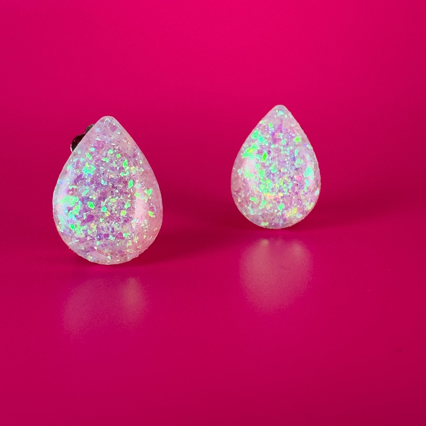 Iridescent White Glitter Clip On Stud Earrings