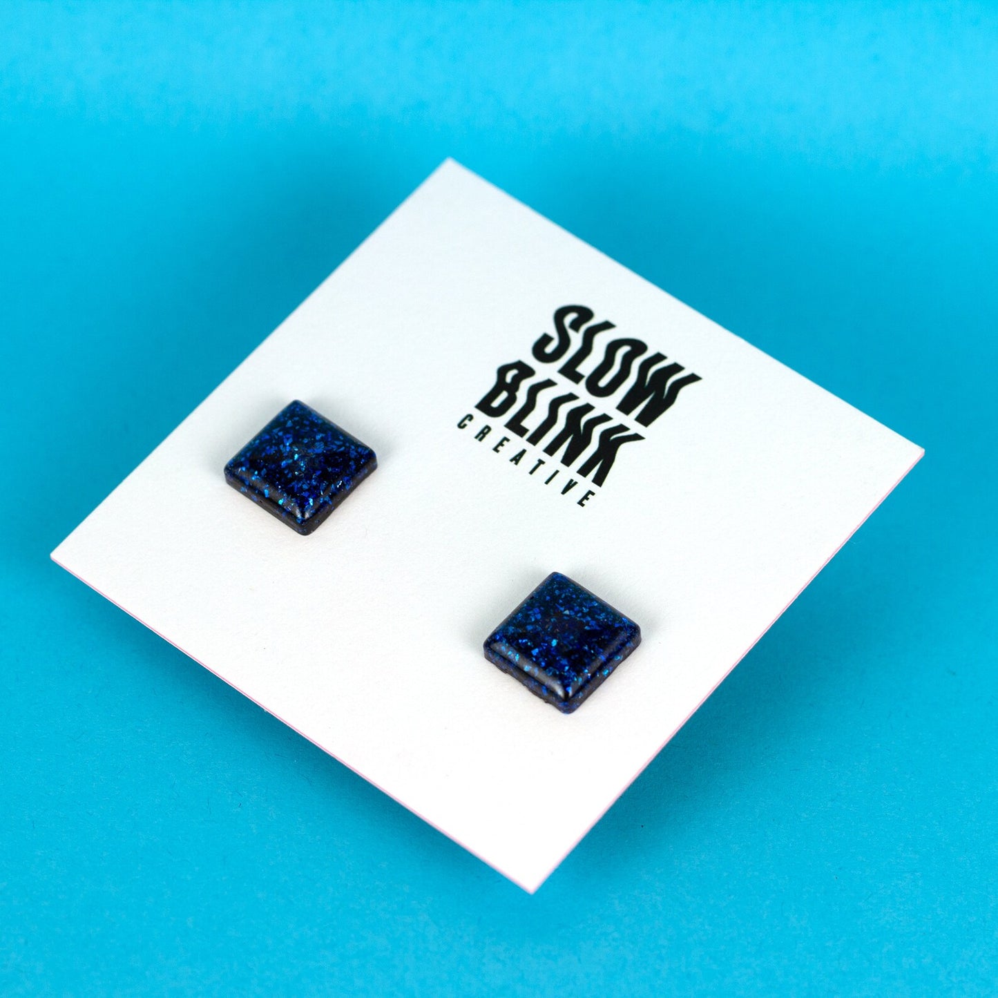 Square Blue Glitter Earrings