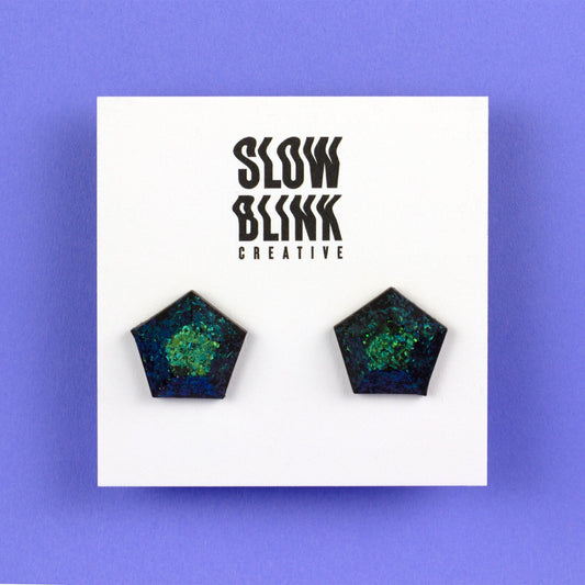 Iridescent Emerald Green Pentagon Matte Jewel Earrings