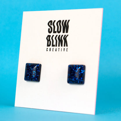 Square Blue Glitter Earrings