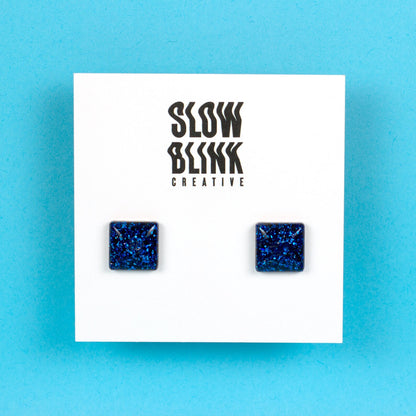 Square Blue Glitter Earrings