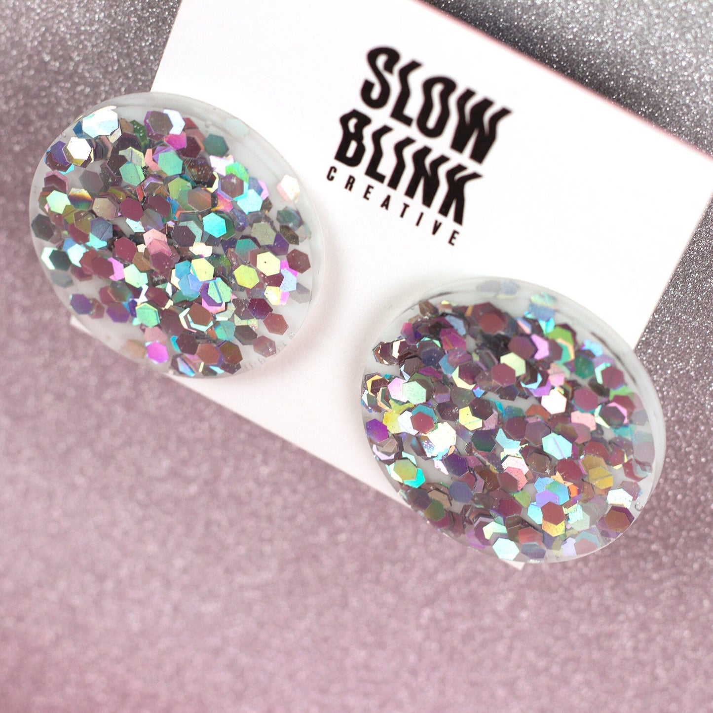 Clip On Holographic Silver Disco Ball Earrings