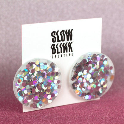 Clip On Holographic Silver Disco Ball Earrings