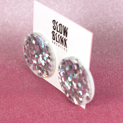 Clip On Holographic Silver Disco Ball Earrings