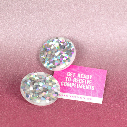 Clip On Holographic Silver Disco Ball Earrings