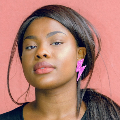 Clip On Bubblegum Pink Large Lightning Bolt Earrings