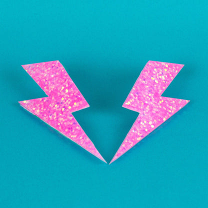 Clip On Bubblegum Pink Large Lightning Bolt Earrings