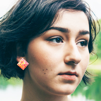 Square Neon Pink, Yellow + Orange Splatter Earrings