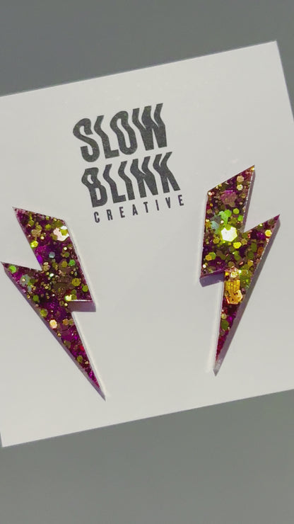 Medium Iridescent Pink & Gold Glitter Lightning Bolt Earrings