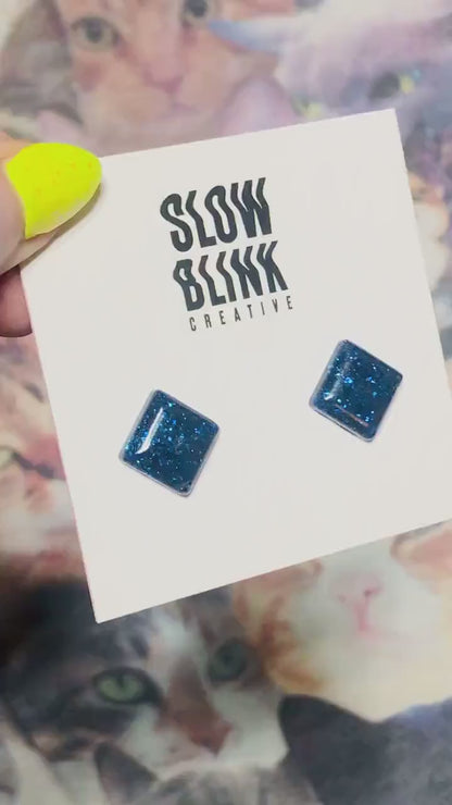 Square Blue Glitter Earrings